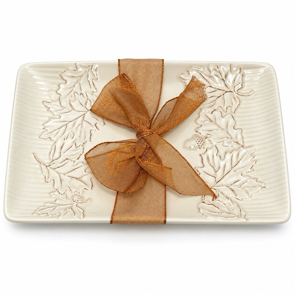 Hallmark Autumn Leaves Ceramic Platter Tray Rectangular Gold Ribbon Gift